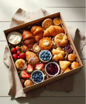 An_aerial_view_of_a_vibrant_morning_tea_grazing_box_on_a_minimal_light_timber_oak_table_with_a_beige_linen_cloth.